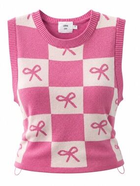 Luna Ivy Pink Checker Knit Vest with Bow Pattern